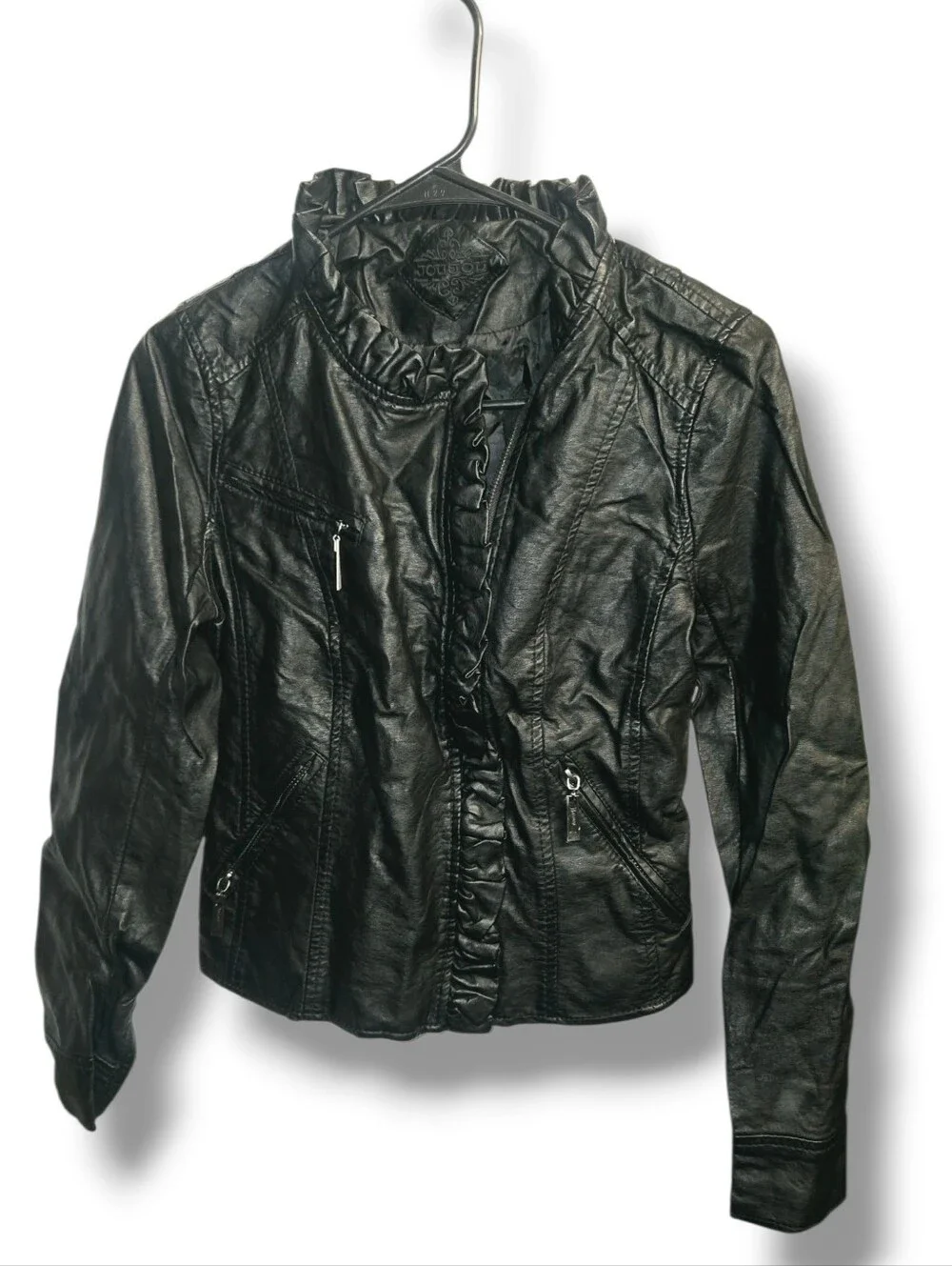 Jou Jou Kids Black Leather Jacket with Ruffle Detail